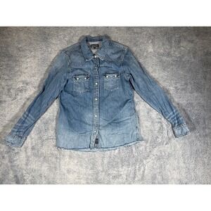 Lucky Brand Denim Western Shirt Medium Wash Snap Front Raw Hem Womens Small